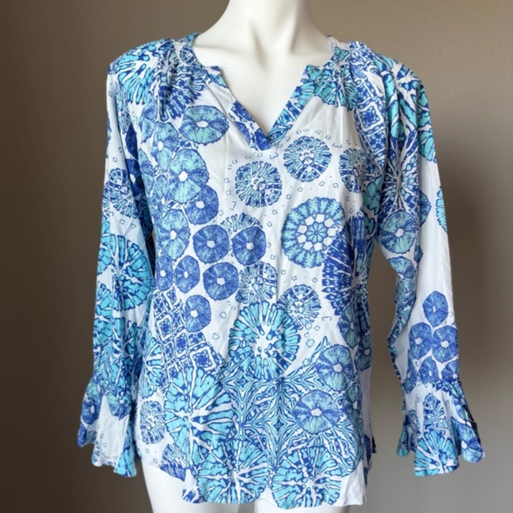 La Mer Luxe Christy Periwinkle Sea‎ Urchin Long Sleeve Tunic Blouse Women's Sz M